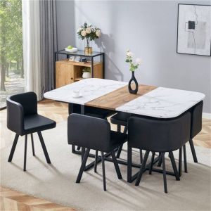 Ensemble table &agrave; manger avec 6 chaises encastrables chaises tapiss&eacute;es noir table &agrave; motif marbre blanc et bois moderne pieds