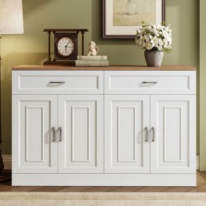 Buffet bas 120x35x80.5 cm avec &eacute;tag&egrave;res Buffet de cuisine avec rebondisseur Buffet salon en blanc Grain de bois naturel