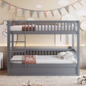 Lit Superposé Enfant 90x200Lit Mezzanine avec Barrières de Sécurité Fonction de stockage hydraulique sous le lit，Bois Massifgris