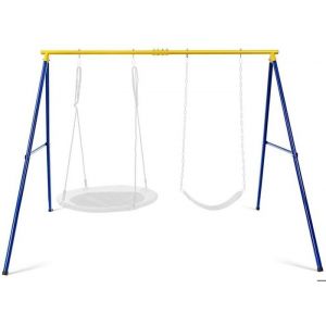Portique Balançoire Extérieur - DREAMADE - Cadre en Acier Robuste - Tapis de Pied Antidérapant - Charge 300KG - Jaune et Bleu