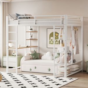 Lit Mezzanine 1 Place avec Bureau Lit Mezzanine Enfant 90x200 avec Escalier Étagères Suspendues Rangement Armoire Ouverte