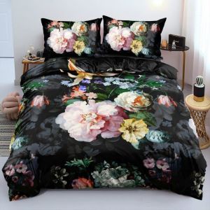 Housse de Couette Fleurie 220x240 Fleurs 3D Imprimé Noir Rose Parure de Lit en Microfibre Adulte Parure Housse Couette 220 x 240cm