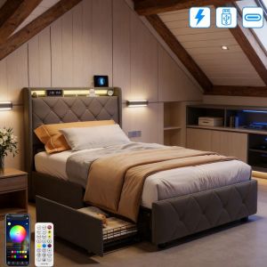 Lit simple 90x200 cm avec &Eacute;clairage LED et charge USB Tpye C - Lit Coffre avec 2 Tiroirs de Rangement - Sommier &agrave; Lattes - Velours