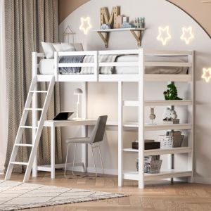 Lit mezzanine avec bureau - PERGAR - 1 place - Blanc - Bois massif - 200 x 90x 170 cm