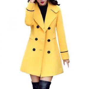 Funmoon Femmes Caban laine &agrave; double boutonnage manteau &eacute;l&eacute;gant travail &agrave; manches longues Veste bureau Mode Jaune