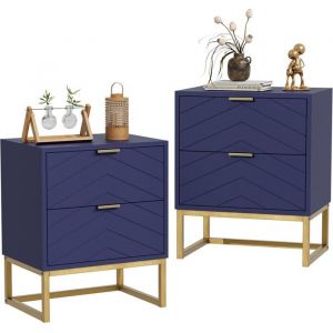 GOOBUY Lot de 2 Tables de Chevet Tables de Nuit avec Deux Tiroirs Table dAppoint avec Pieds Métal Motif de Ligne Bleu