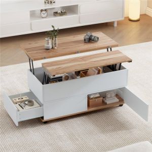 Table Basse Relevable Double Moderne avec &Eacute;tag&egrave;re Tiroirs Table Basse Coffre Convertible Blanc et Bois avec Roulettes 100x98x65 cm