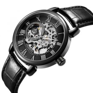 SHARPHY Montre homme &eacute;chelle de chiffres romains bracelet en cuir noir cool m&eacute;canique automatique cadran squelette