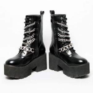Bottes gothiques Alaric - Femme - Noir - Talon 8cm - Plateforme 5cm - Cha&icirc;ne en m&eacute;tal