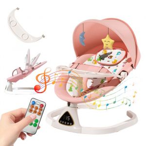 Balancelle B&eacute;b&eacute; &Eacute;lectrique &ndash; T&eacute;l&eacute;commande &ndash; Moustiquaire &ndash; 5 Vitesses &ndash; Avec plateau repas - Bluetooth Musique - Rose