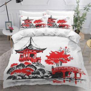 Parure de Lit 2 Personnes Adulte Housse de Couette 240×260 Motifs Japonais aquarelles Parure De Couette 3D Motif Housse Couette