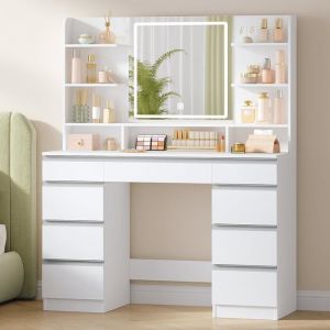 Grande Coiffeuse avec &Eacute;clairage LED 3 Couleurs Luminosit&eacute; R&eacute;glable Miroir 9 Tiroirs 9 &Eacute;tag&egrave;res Ouvertes Blanc-Argent