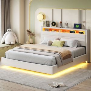 Lit Coffre 160x200cm Lit Adulte Lit Double Cadre de Lit avec Rangements USB et LED Sommier Lin Beige (Sans Matelas ni Fond)