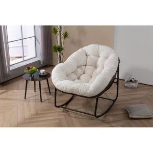Fauteuil à bascule rotin rembourré Chaise à bascule pour lextérieur pour la terrasse le salon le patio le jardin blanc
