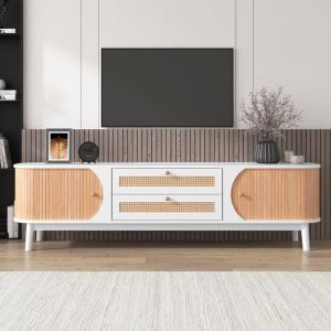 Meuble TV en rotin blanc de 67 avec 2 portes et 2 tiroirs - Support TV en bois massif pour chambre &agrave; coucher salon Scandinave