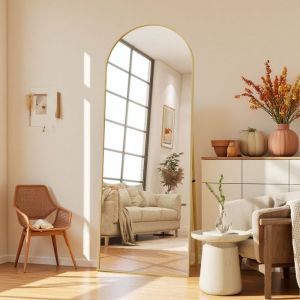 Miroir sur Pied 177 x 77cm Miroir Complet arqu&eacute; avec Cadre en M&eacute;tal Miroir de Sol Pleine Longueur Bomb&eacute; et Suspendu ModerneDor&eacute;