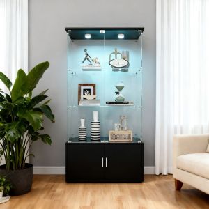 Meuble Vitrine Verre Tremp&eacute; 3 &Eacute;tag&egrave;res avec LED et Rangement  Vitrine pour Collection Salon Moderne Noir