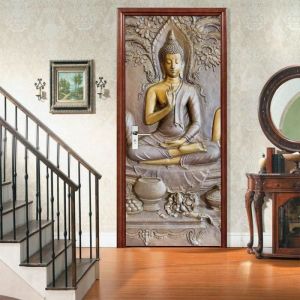 3D Porte Muraux Auto-adhésif Stickers - Statue De Bouddha - Vinyle étanche Porte Autocollants pour Salon Chambre Décoration