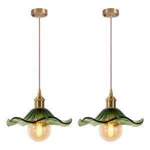 SNOGOLD 2X Suspension en Verre Moderne Vintage E27 Luminaire Abat-jour en Verre Vert à Dentelle Lustre pour Salle à Manger