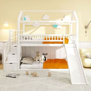 Lit Mezzanine Enfant Bois-Toboggan &Eacute;chelle Rangement-Haute Cl&ocirc;ture S&eacute;curis&eacute;e-90x200cm Blanc-Chambre Ludique sans Matelas