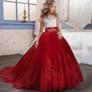 Princesse Robe FillesBrod&eacute;es Robe Ceremonie Fille de SoireeSans manches Robe Mariage Fille de Communion Costume XH493 rouge3