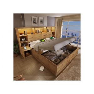 Lit coffre 160x200 cm - Lit double - Avac t&ecirc;te de lit avec LED chargement USB et Type C - En bois - Ch&ecirc;ne - Sans matelas