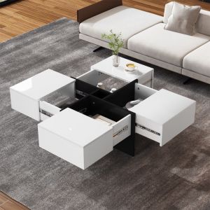 Table basse Carrée 4 tiroirs Rangement Compartiments Design moderne Meuble de salon70x70x35cm Blanc brillant