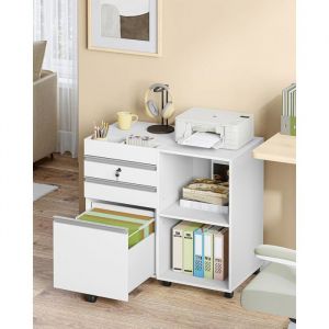 Caisson de Bureau Meuble de Bureau Casier sur roulettes Verrouillable avec 3 tiroirs 2 Compartiments Ouverts Blanc