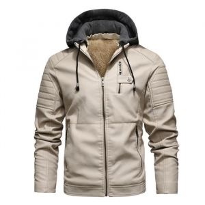 Blouson Homme Hiver Simili cuir Doubl&eacute;e polaire A capuche amovible - INSFITY - Beige