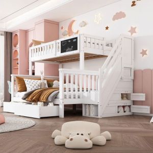 Lit superpos&eacute; enfant O.Ye O.Ye 140 x 200 cm multifonctionnel avec tiroirs tableau noir lit double enfant Blanc LITS SUPERPOSES