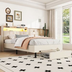 Lit adulte Lit avec tiroir 90x200 cm lit capitonné lampe chauffante LED tiroir de rangement intégré beige