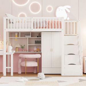 O.Ye Lit mezzanine 90 x 200 cm lit simple avec armoire &eacute;tag&egrave;res et bureau escalier avec tiroirs int&eacute;gr&eacute;s lit mu LIT MEZZANINE