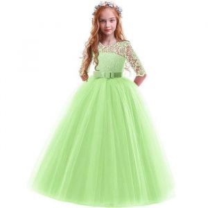 Robe de Princesse C&eacute;r&eacute;monie Fille Longue en Dentelle Robe de Soir&eacute;e Mariage Tulle Manches 3/4 Pour Anniversaire F&ecirc;te - Vert Fluo