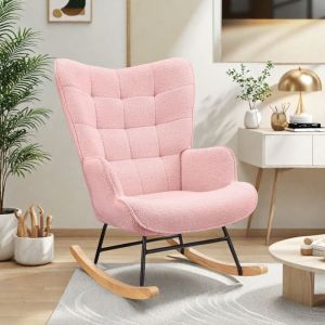 Fauteuil &agrave; Bascule Chaise &agrave; Bascule Rocking Chair Rev&ecirc;tement Tissu Rose Style Scandinave Pour SalonChambreBalcon 75x68x92cm