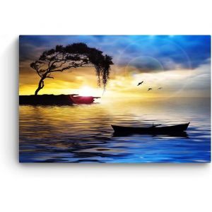 Impression Sur Toile Peinture Paysage Bleu ArbreBateau et Mer Tableau Abstrait Decoration Murale Image sur Toile 60x40cm Cadre