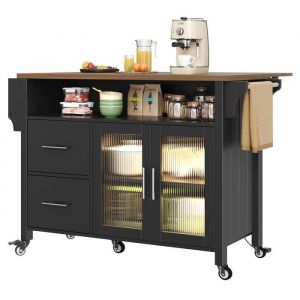 Îlot de Cuisine avec Cloisons Amovibles Chariot à Manger avec Plan de Travail Chariot à Roulettes avec Lampes LEDNoir