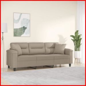 Canap&eacute; 3 places - VGEBY - Taupe - Tissu microfibre - Dimensions 210x77x80 cm - Oreillers d&eacute;coratifs