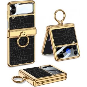 Samsung Z Flip 4 5G Film Trempé Galvanoplastie Intégrée En Cuir Végétalien Avec AnneauÉtui De Téléphone Pliable Pour Samsung Gal