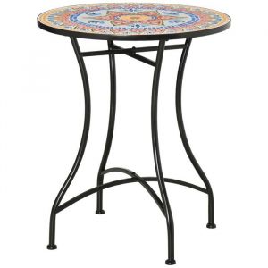 Table Basse Jardin - Ronde Mosaïque Céramique 60cm (rouge&bleu&blanc) Style Bistro Métal Pour Terrasse