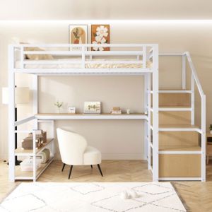 KoDise Lit mezzanine 140x200 cm Lit adulte Lit  ado avec &eacute;tag&egrave;res de rangements et bureau - M&eacute;tal - Blanc
