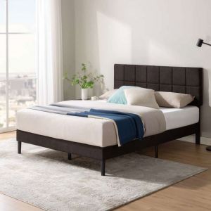 Zinus Carly Lit capitonné 140x190 cm Lit 2 personnes Cadre de lit rembourré avec tête de lit Hauteur 30 cm Gris foncé
