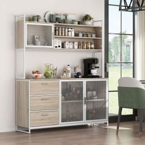 Buffet de cuisine avec plan de travailVitrine avec étagères3 portes en métal3 tiroirsBlanc174x150x40cm