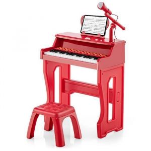 Piano Electronique pour Enfants 3 Ans 37 Touches avec Tabouret 50KG COSTWAY Microphone R&eacute;glablePupitre Amovible-Mode Veille-Rouge