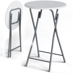 CASARIA&reg; Table haute pliante blanche aspect bois Table de bar &Oslash; 60cm Mange-debout rond Table de bistrot jardin terrasse