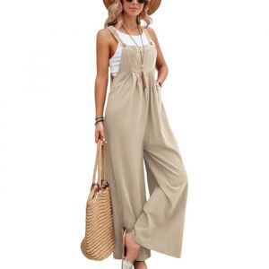 Salopette pour femme Combinaison à jambes largespoches et bretelles Coupe ample Style bohème Sans manches Tenue d’été Kaki