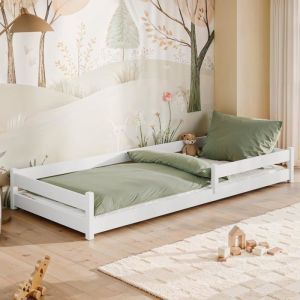 Lit enfant 80x160 cm - Lit au sol - Lit avec barrière de sécurité & sommier - Lit Montessori - Lit simple en bois de pin - Blanc