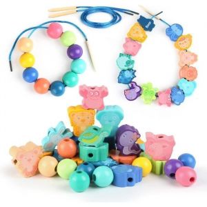 32 Jouets de Filetage en BoisPerles &agrave; Enfiler MontessoriJeu Denfilage de Perles pour Dapprentissage pour Gar&ccedil;ons Filles 2 3 4 An