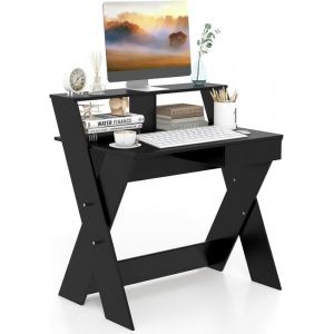 GIANTEX Bureau Informatique avec Tiroir et Etag&egrave;re Sur&eacute;lev&eacute;e- Table avec Repose-Pieds- Cadre en Forme de X- 90 x 61 x 94 cm- Noir