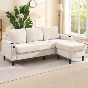 Lemonbest Canapé 3 places avec ports  USB et type C 202×137×80cm Canapé en L avec repose-pieds et porte-gobelet Lin Beige