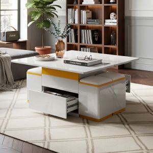 Table Basse Relevable Extensible 100cm - AMBIANCE - Blanc Brillant et Jaune - 4 Poufs Inclus - Tiroir - Meuble Gain de Place Salon